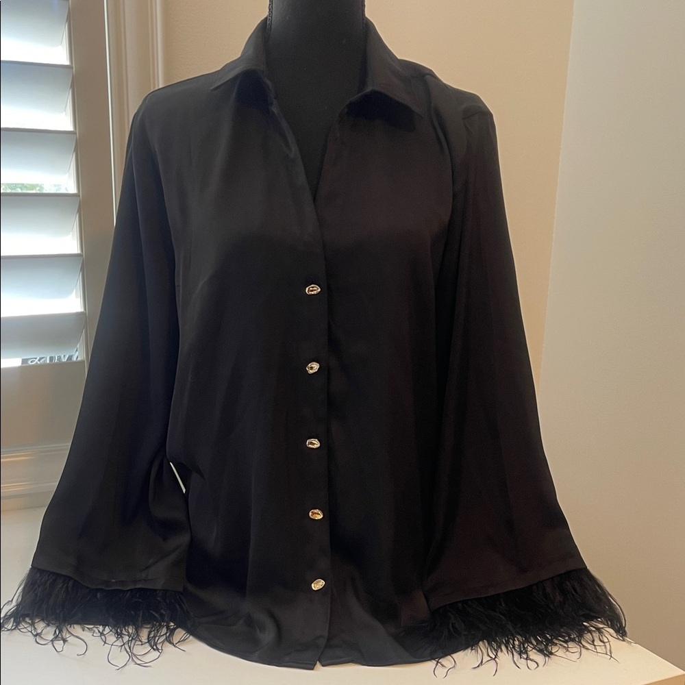 Vici Black Button Down Shirt with Feather Trim